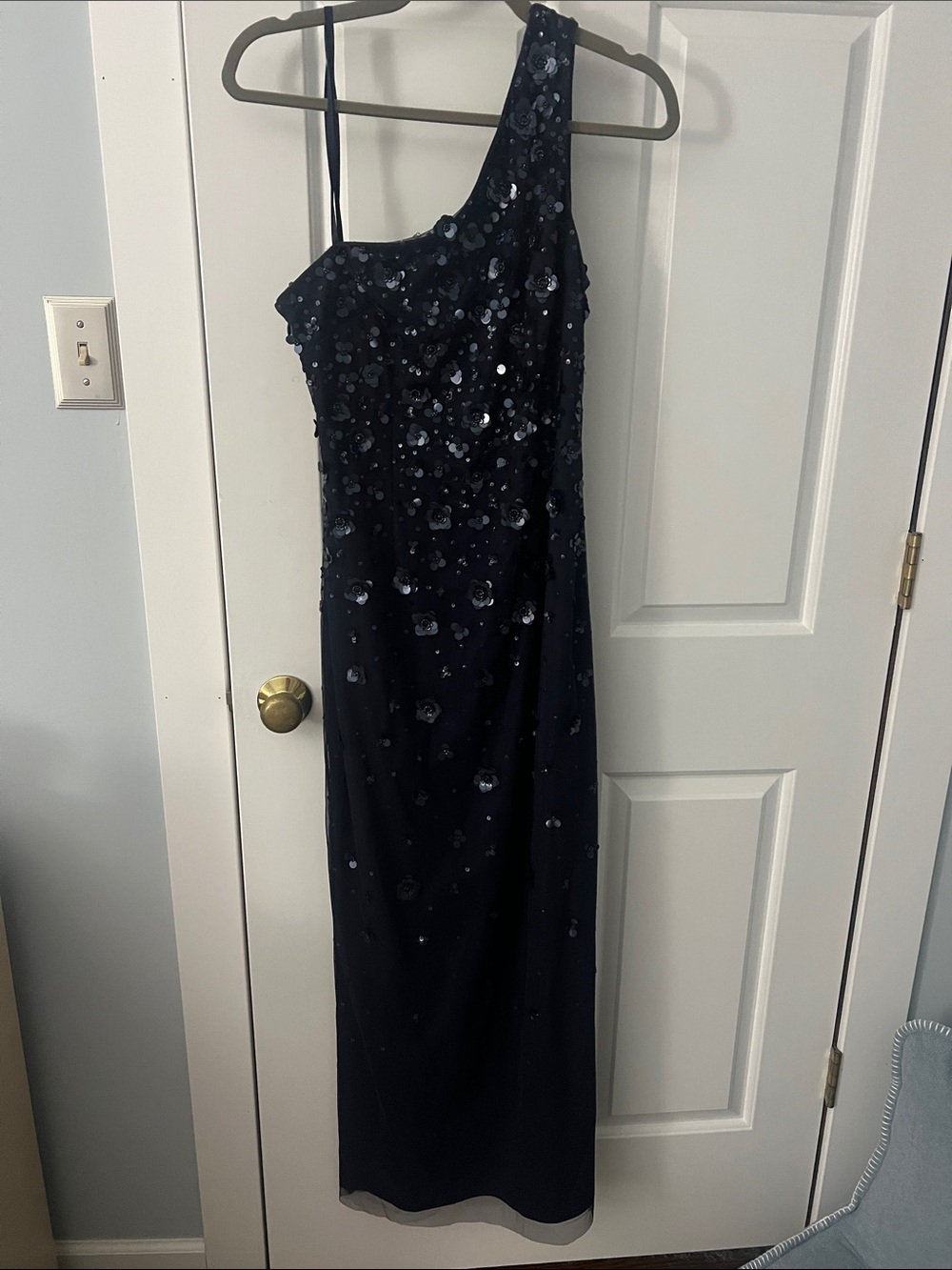 Adrianna Papell Navy One-Shoulder Sequin Evening Gown. worn once.